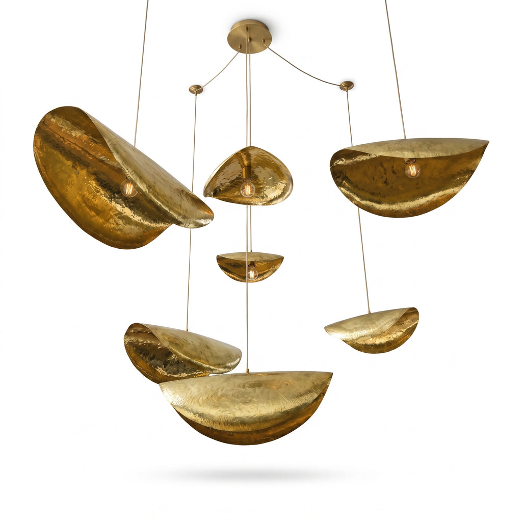 Full product view of a handcrafted brass multi-light pendant chandelier