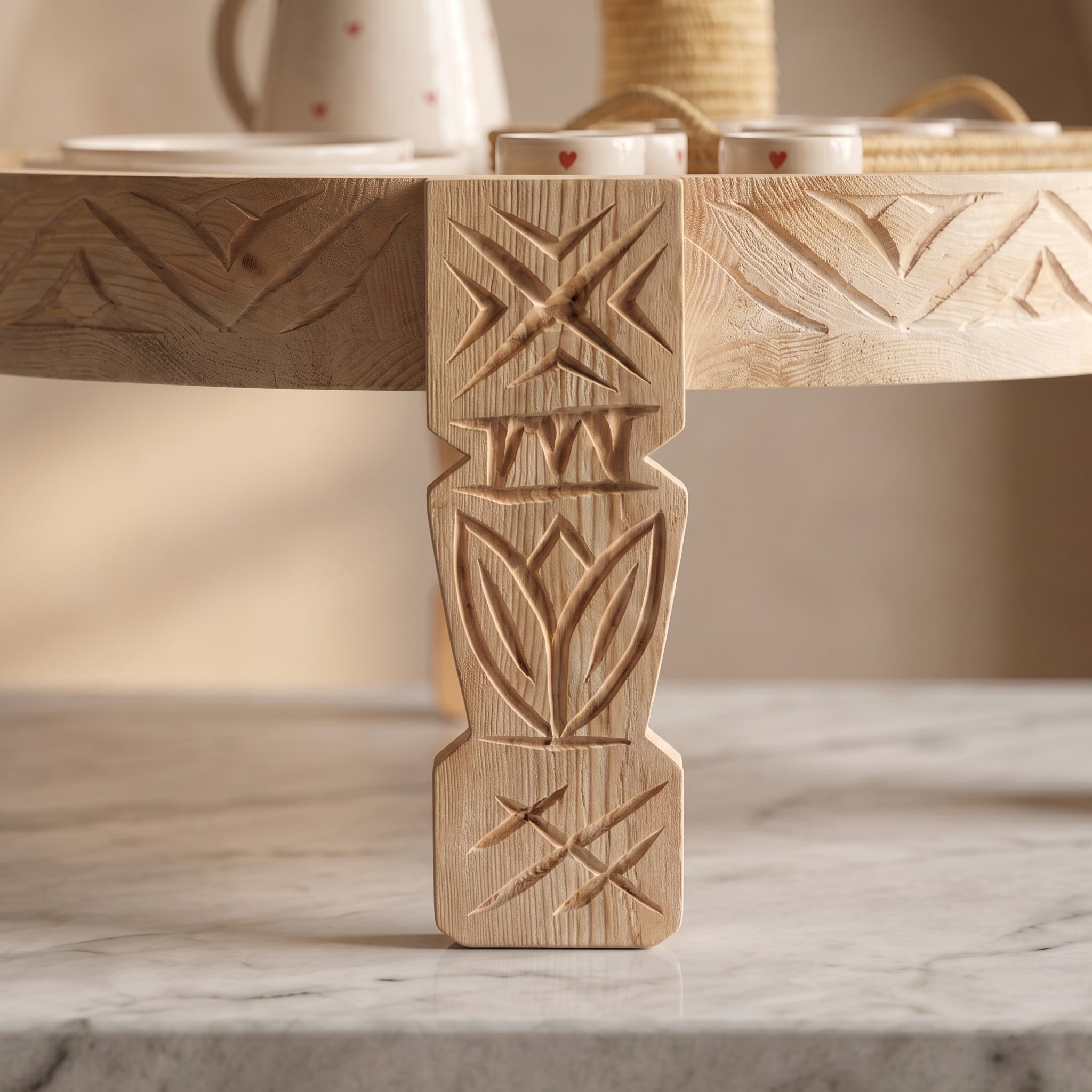 A close-up of a carved wooden serving tray or table leg with geometric and floral engravings, set on a light marble surface with softly blurred home decor in the background.