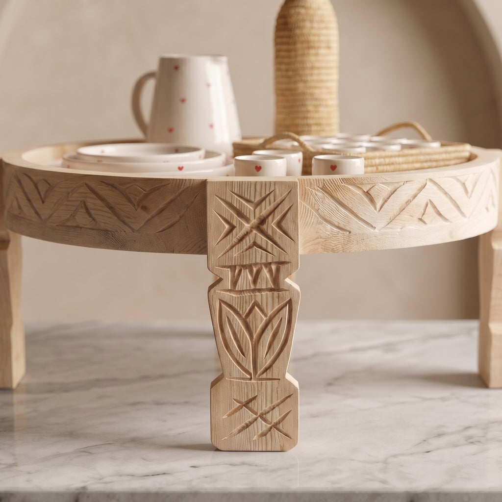 A round carved wooden serving tray table with decorative leg details, styled with white ceramic cups and a woven basket holder, set on a marble surface against a neutral beige background.