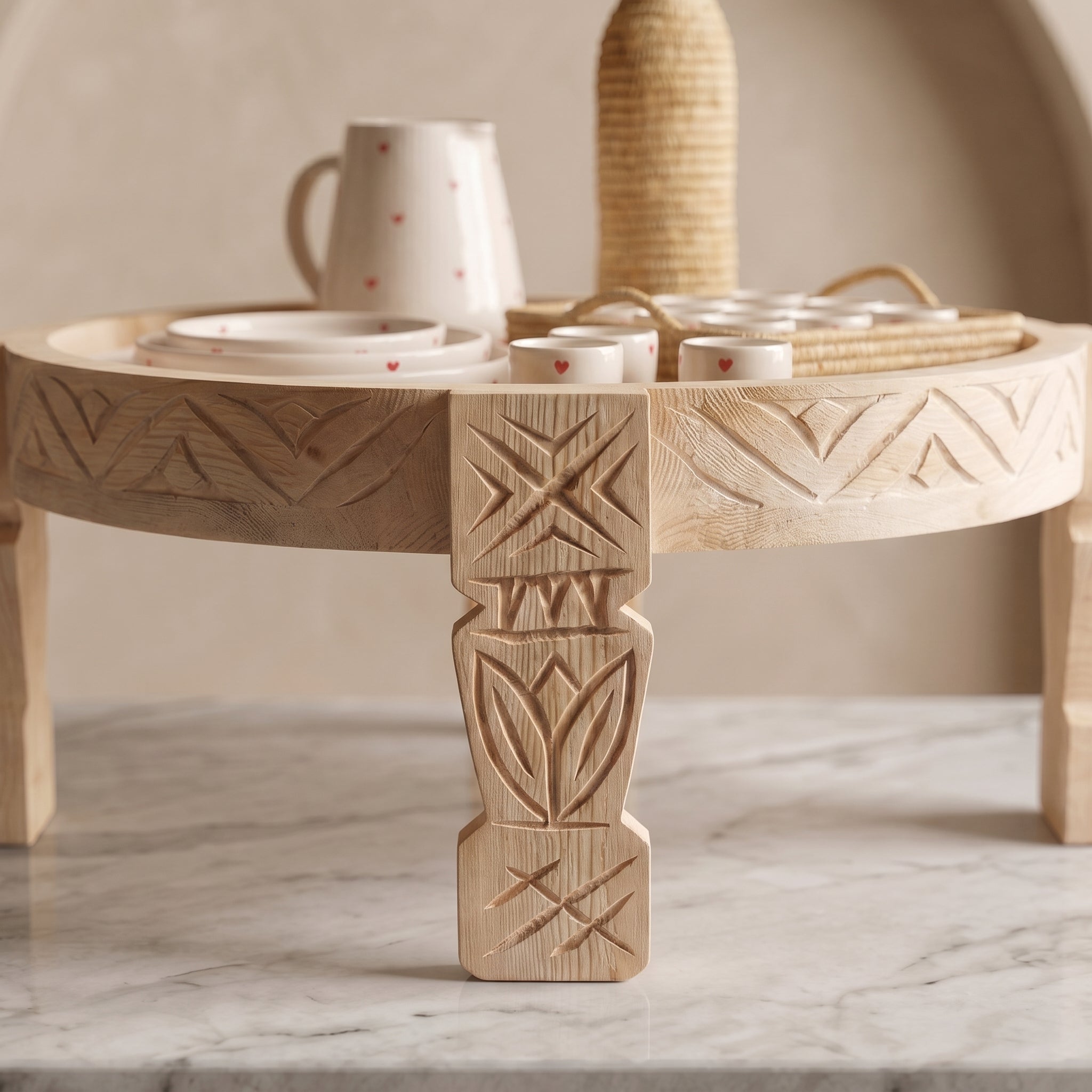 A round carved wooden serving tray table with decorative leg details, styled with white ceramic cups and a woven basket holder, set on a marble surface against a neutral beige background.