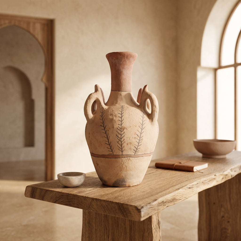 Textured ceramic vessel styled as decor on a rustic wooden table