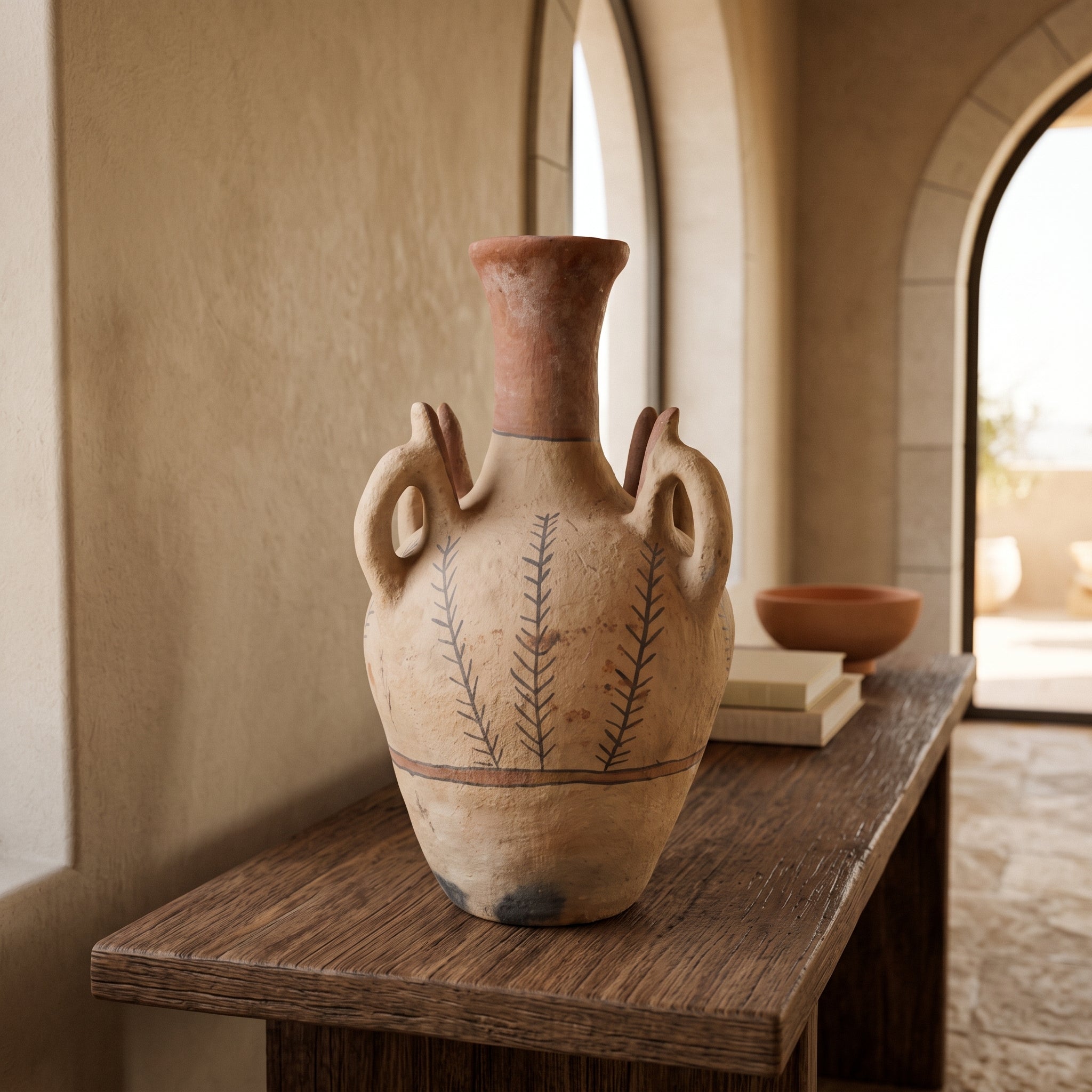 Moroccan ceramic vase displayed on a wooden console near an arched window