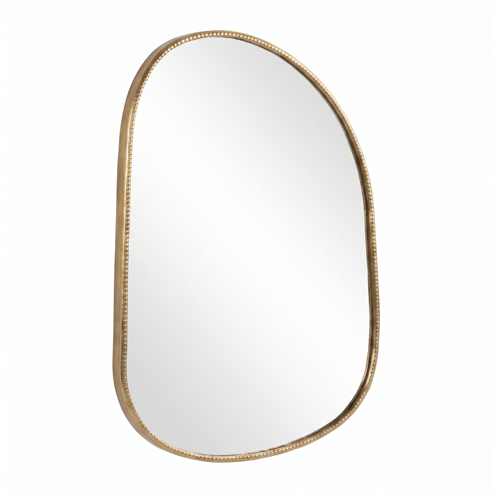 Three-quarter view showing the brass mirror frame and reflective glass