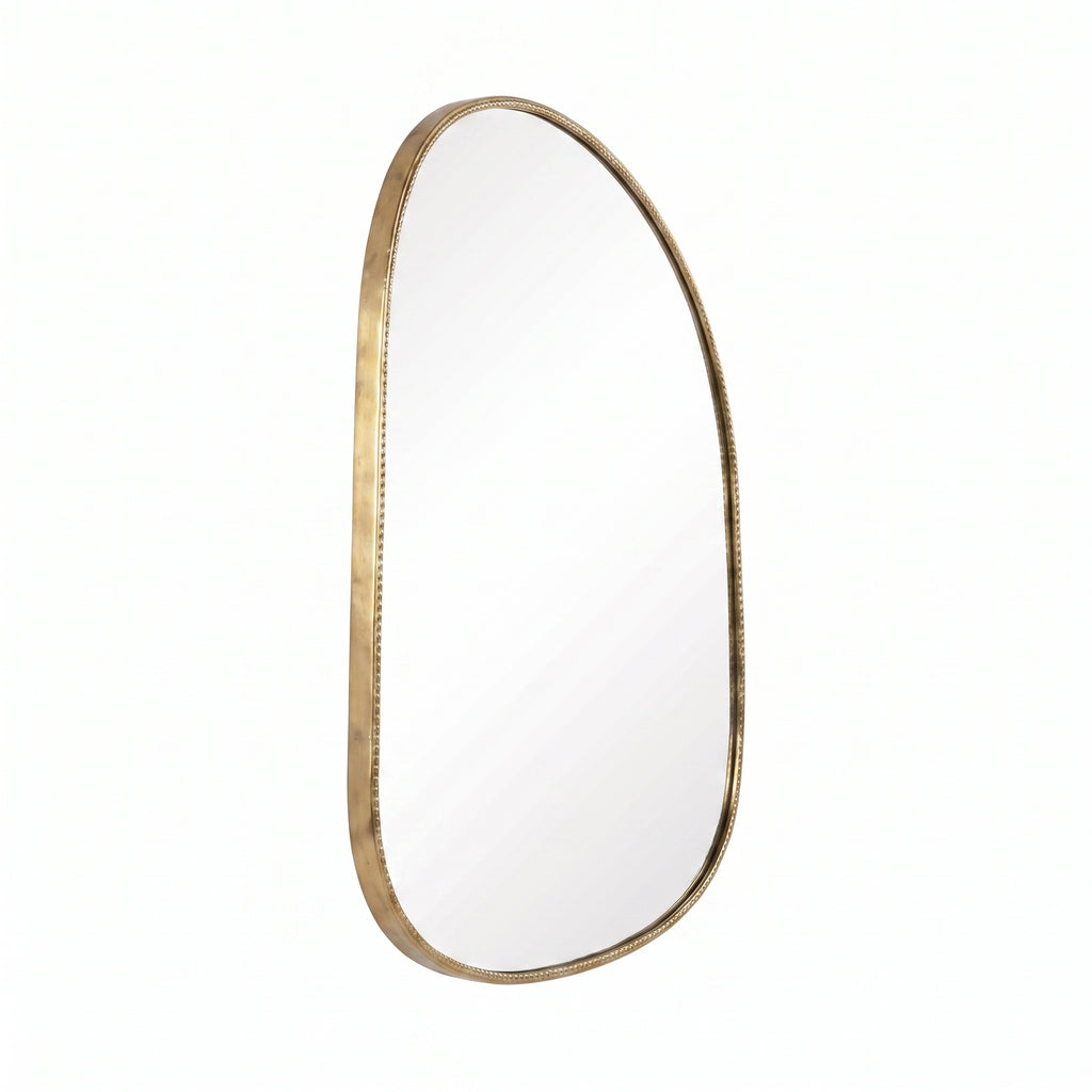 Left side view of the arched brass mirror frame