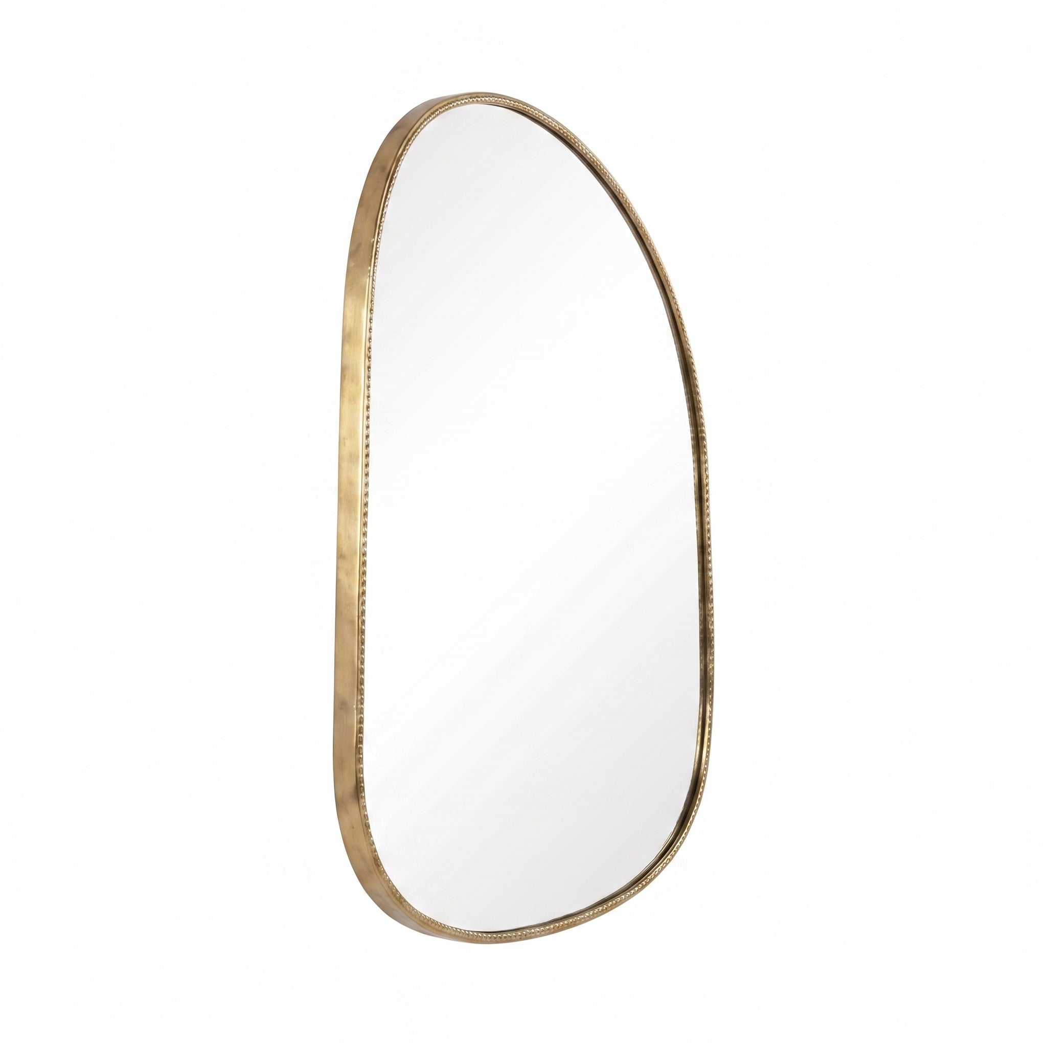 Left side view of the arched brass mirror frame