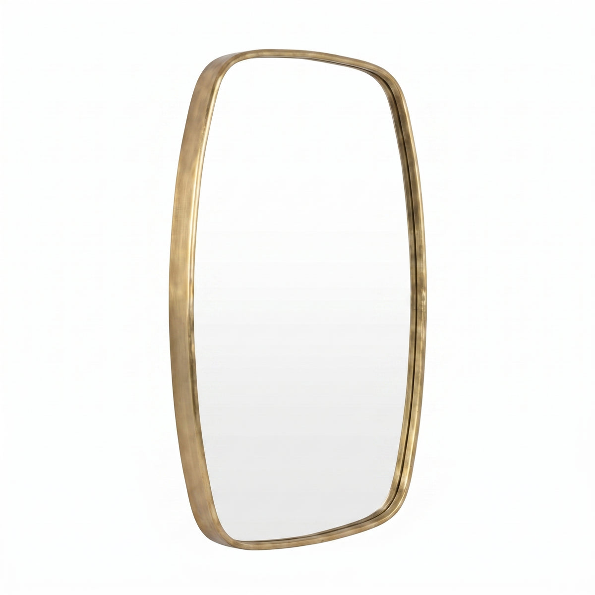 Angled studio view showing the depth of the handmade brass mirror frame