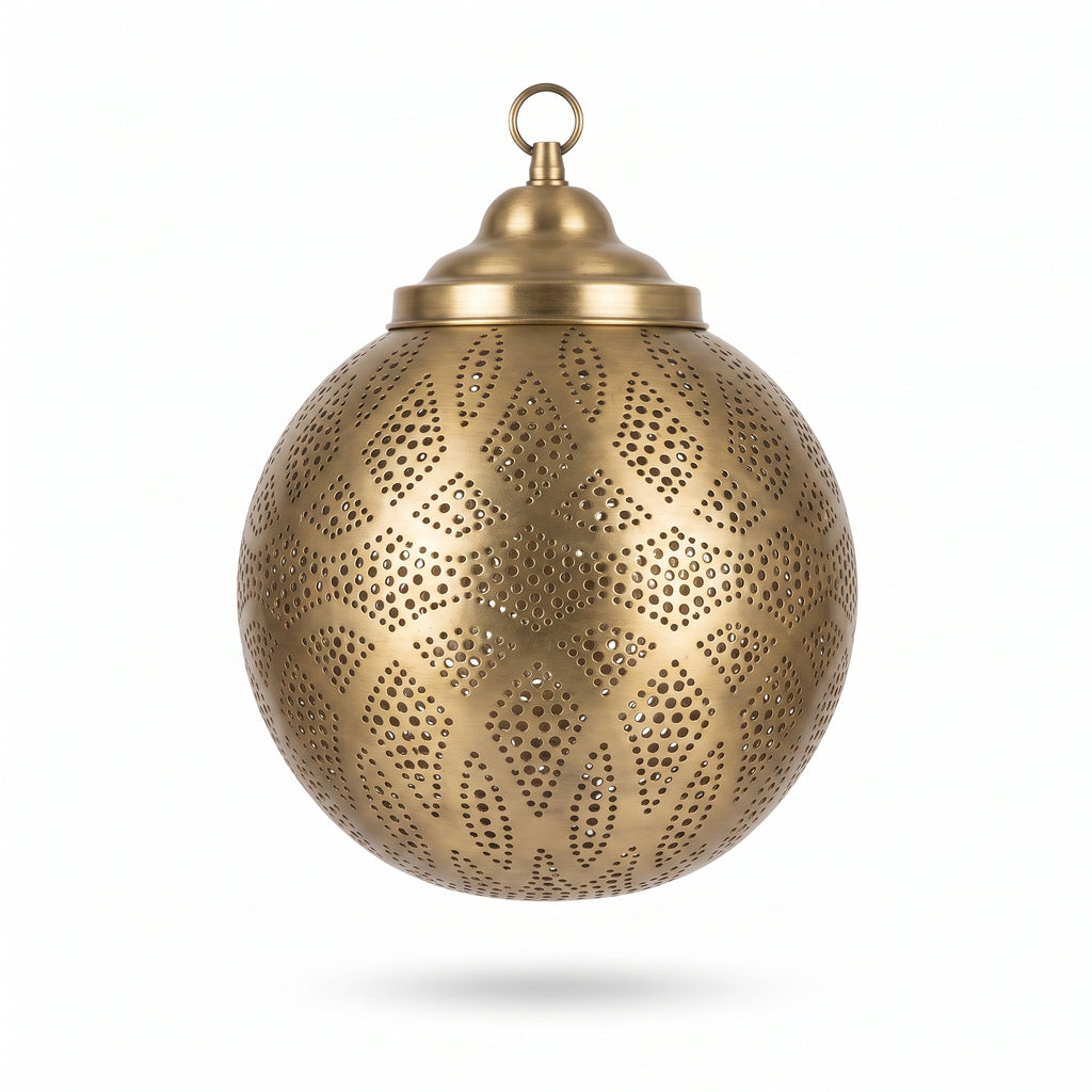 Front product view of the spherical brass filigree pendant light