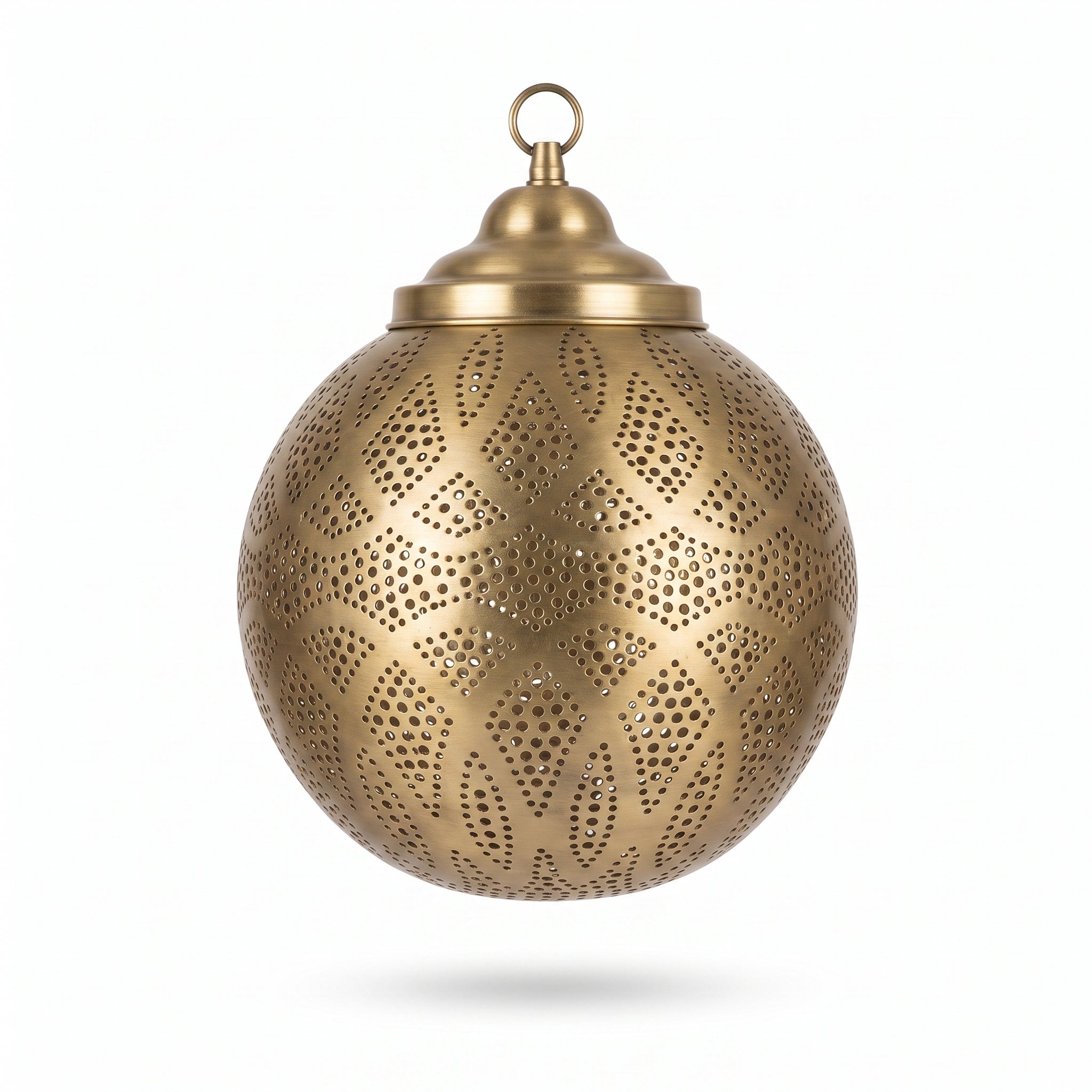 Front product view of the spherical brass filigree pendant light