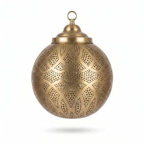 Front product view of the spherical brass filigree pendant light