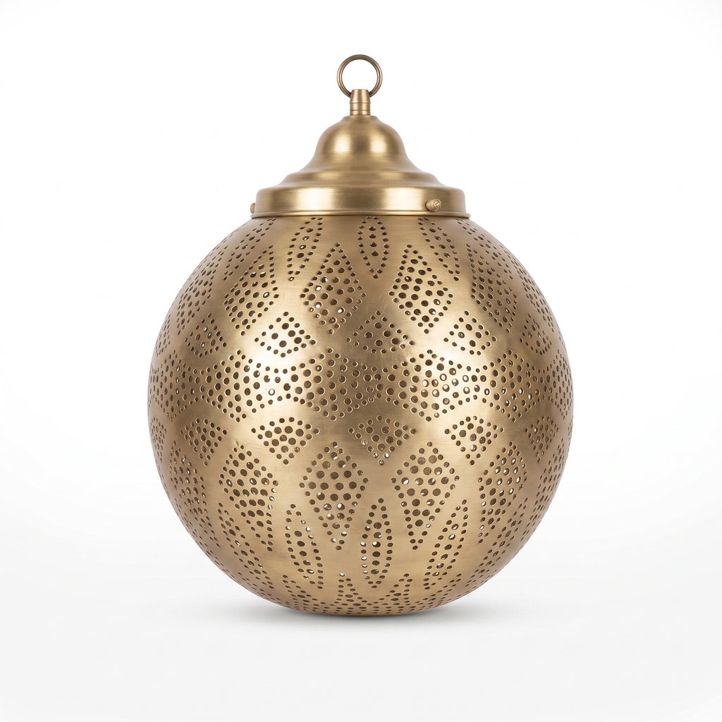 Full front view of the round pierced brass pendant shade