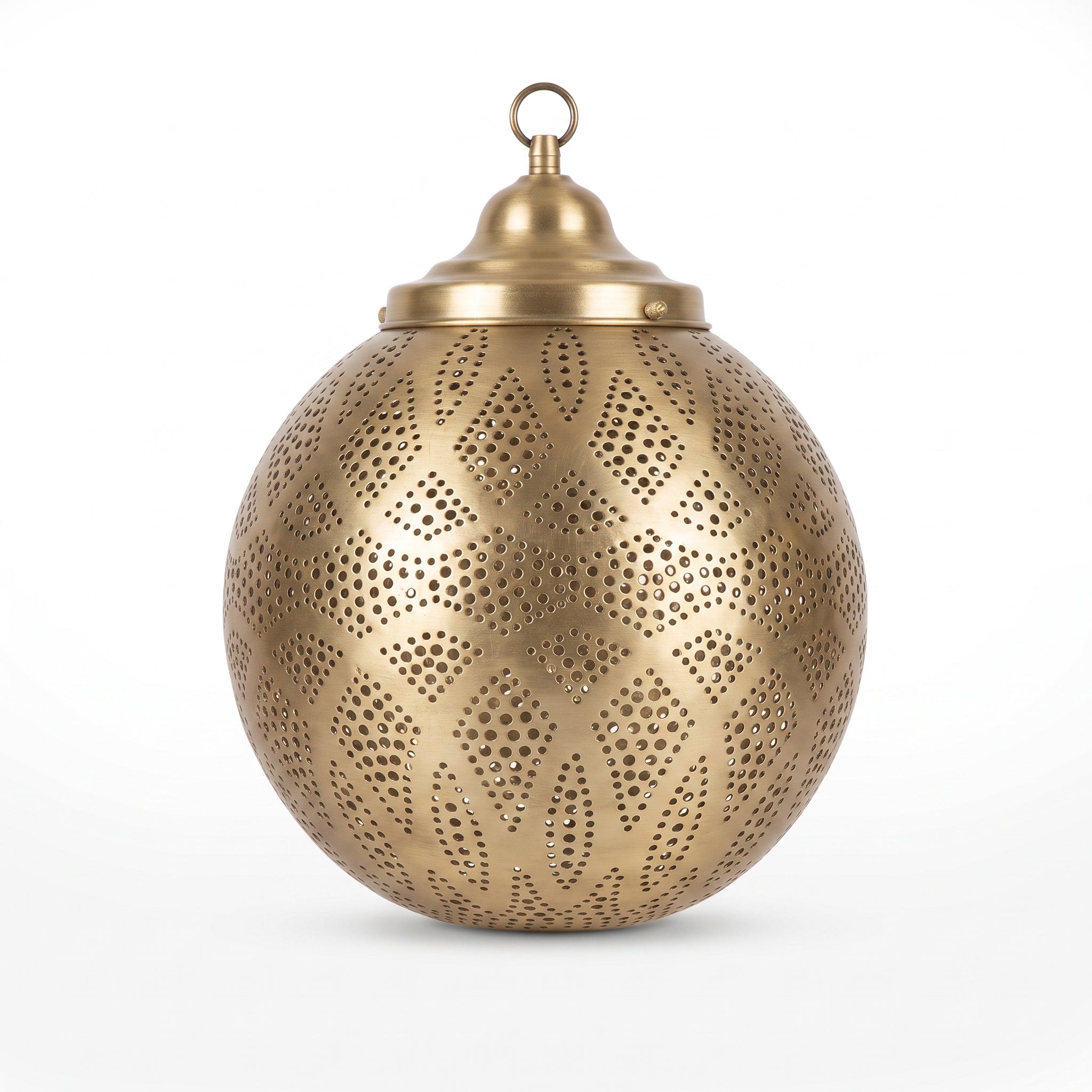 Full front view of the round pierced brass pendant shade