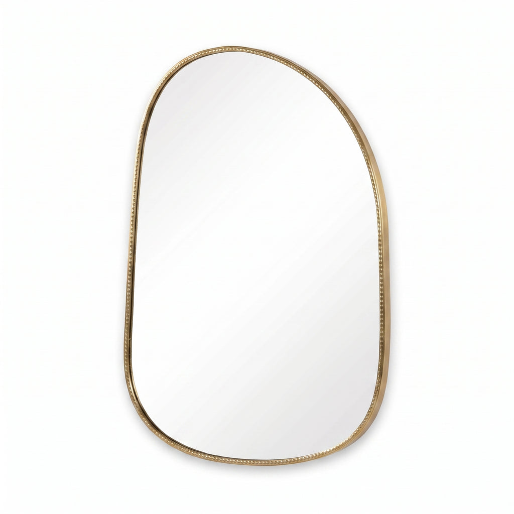 Front product view of the brass wall mirror with an arched top