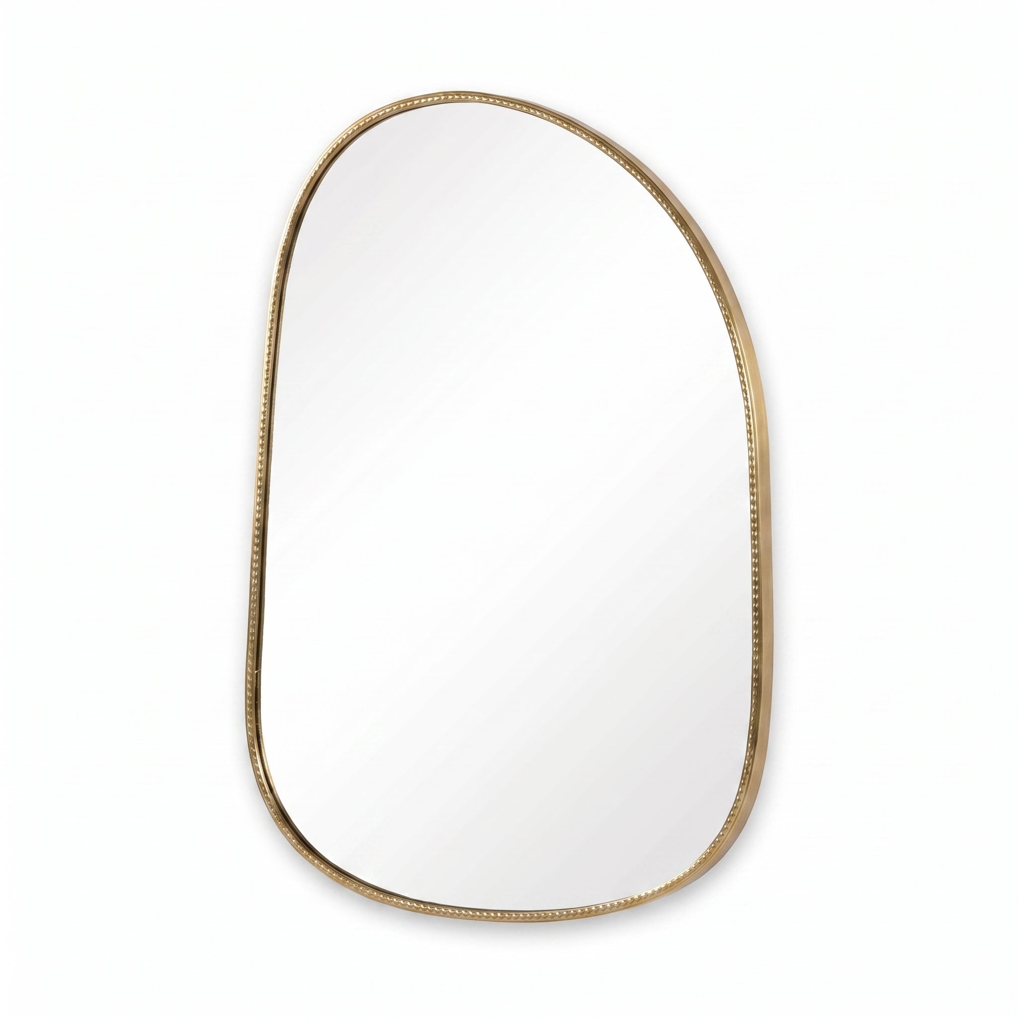 Front product view of the brass wall mirror with an arched top