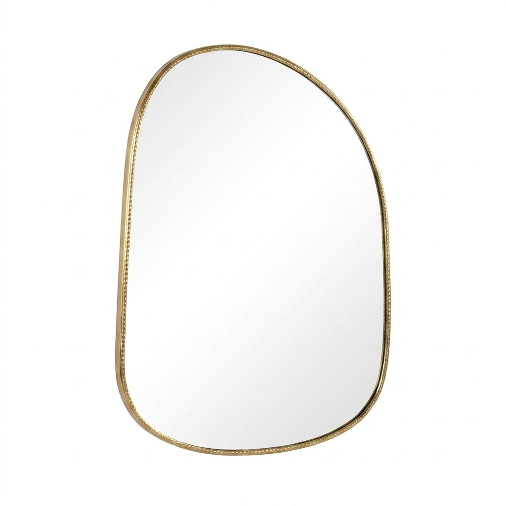 Front view of a hand-etched brass wall mirror on a white background