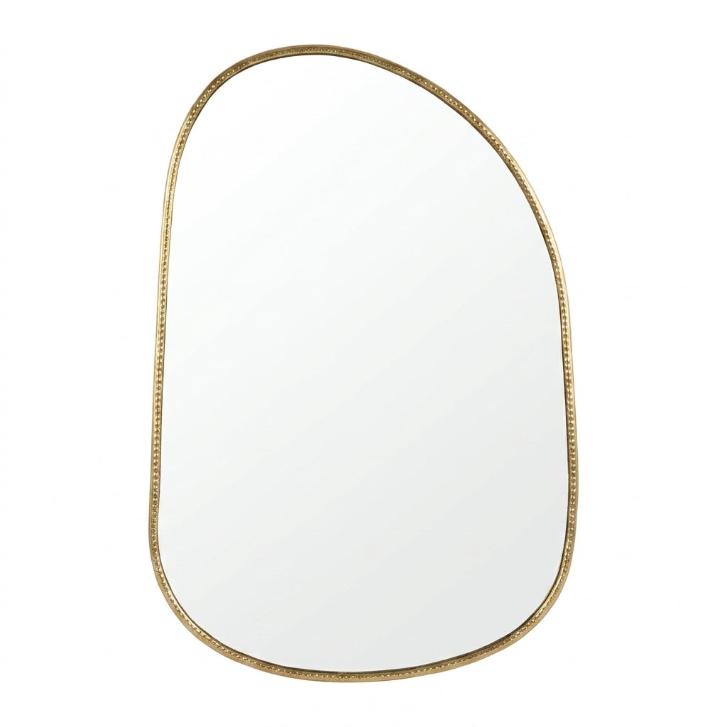 Full front view of the arched brass mirror and engraved frame
