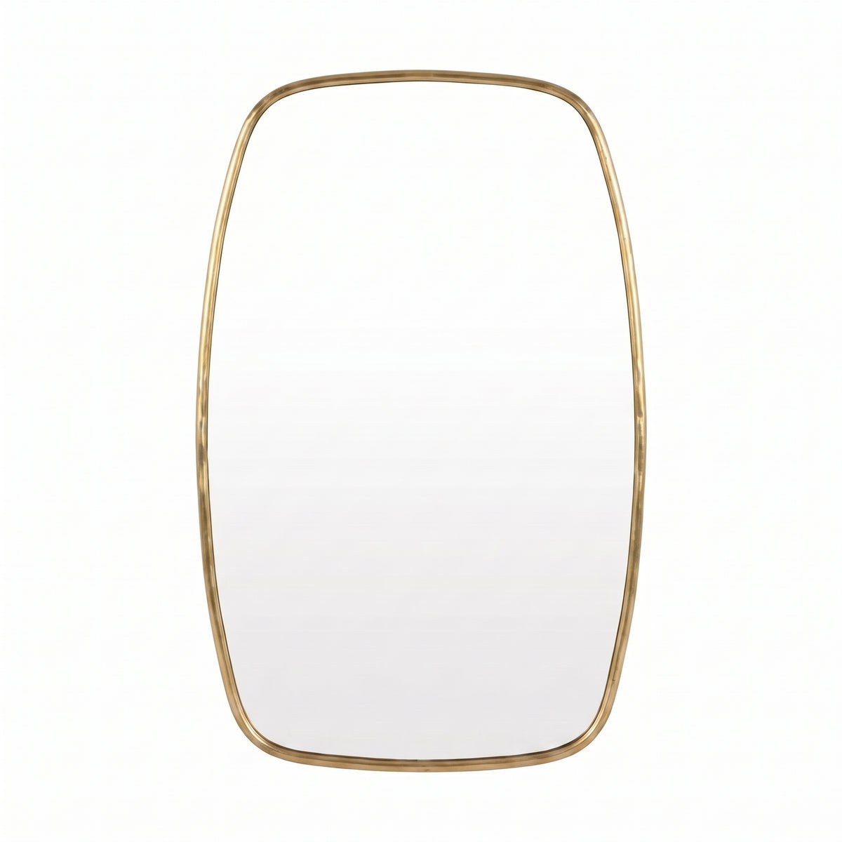 Front studio view of a rounded rectangular hand-etched Moroccan brass mirror