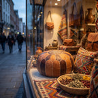 Two-tone brown Moroccan leather pouf displayed outside a colorful craft shop