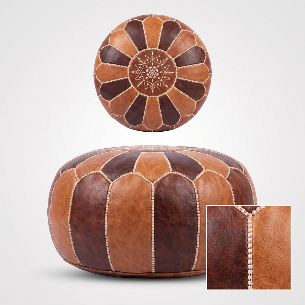 Collage showing the top, side and stitching detail of a two-tone brown leather pouf