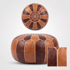 Collage showing the top, side and stitching detail of a two-tone brown leather pouf