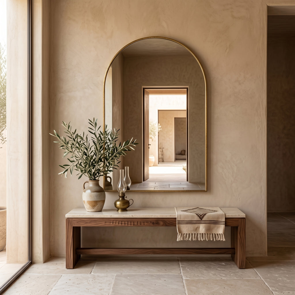 One arched brass mirror from the set styled above an entryway console