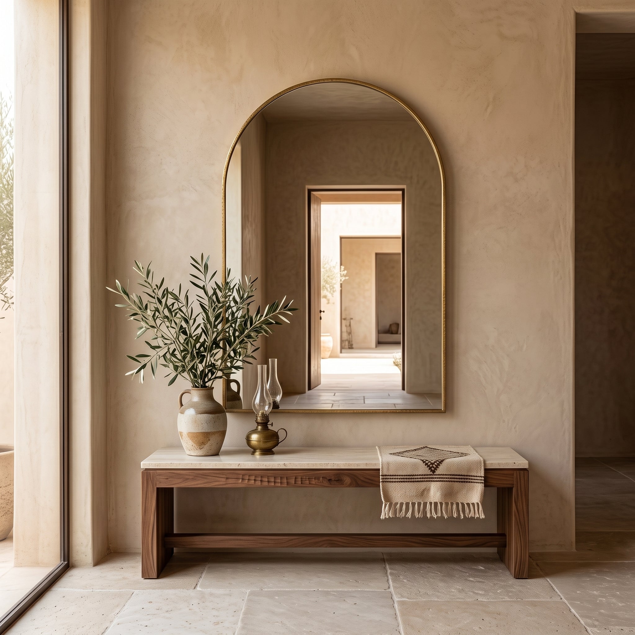 One arched brass mirror from the set styled above an entryway console