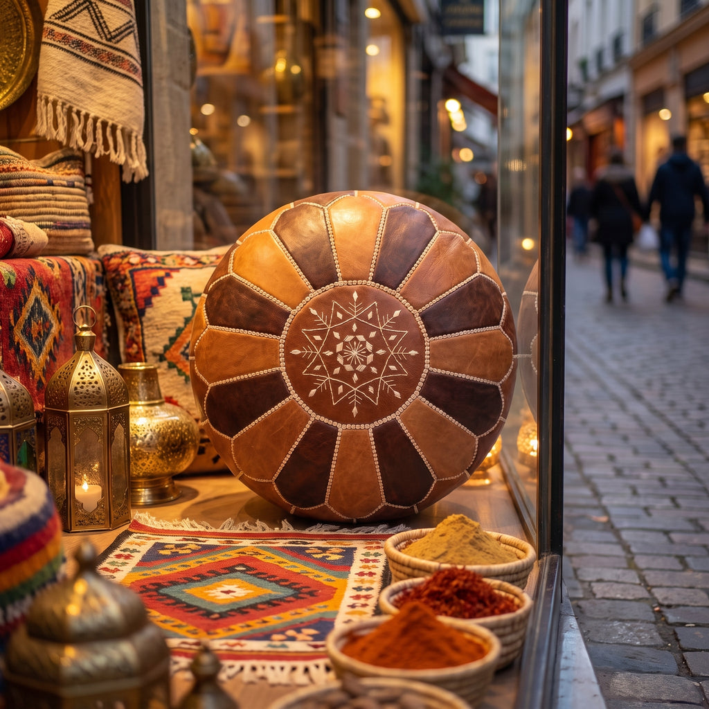 Two-tone Moroccan leather pouf displayed upright at a craft shop entrance