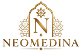 A gold and brown logo for 'NEOMEDINA' featuring an ornate arch with a stylized letter 'N' and intricate Moroccan-inspired patterns, set against a solid white background.