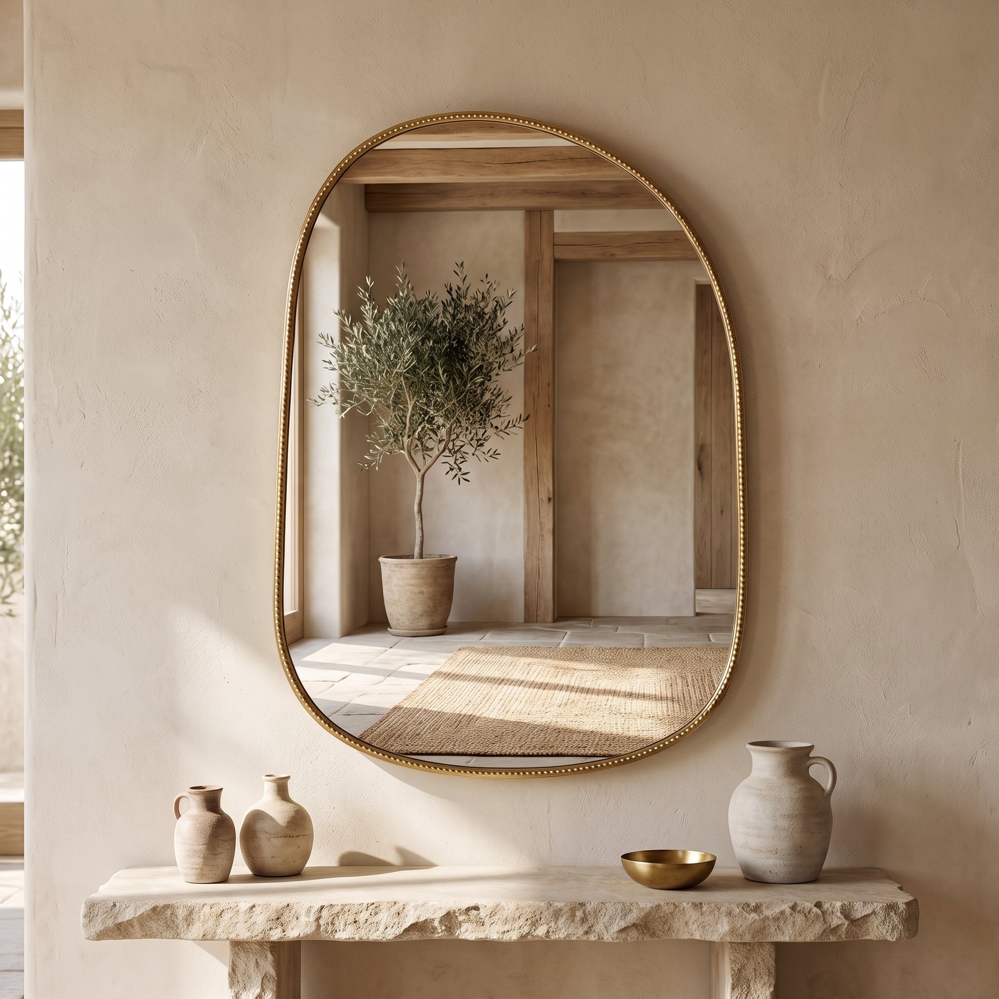 Hand-etched brass mirror displayed above a console in a neutral interior