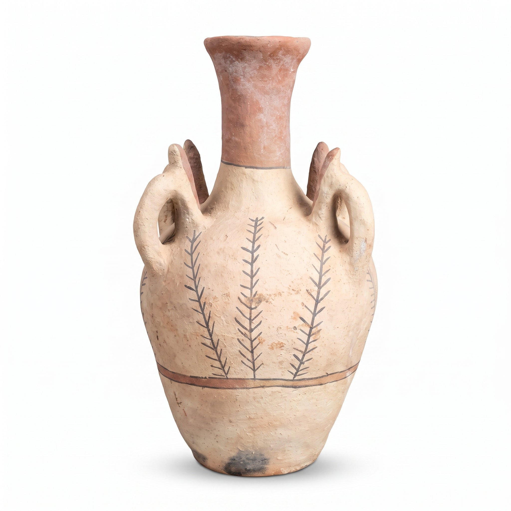 Front product view of a textured Moroccan ceramic vase with sculpted handles