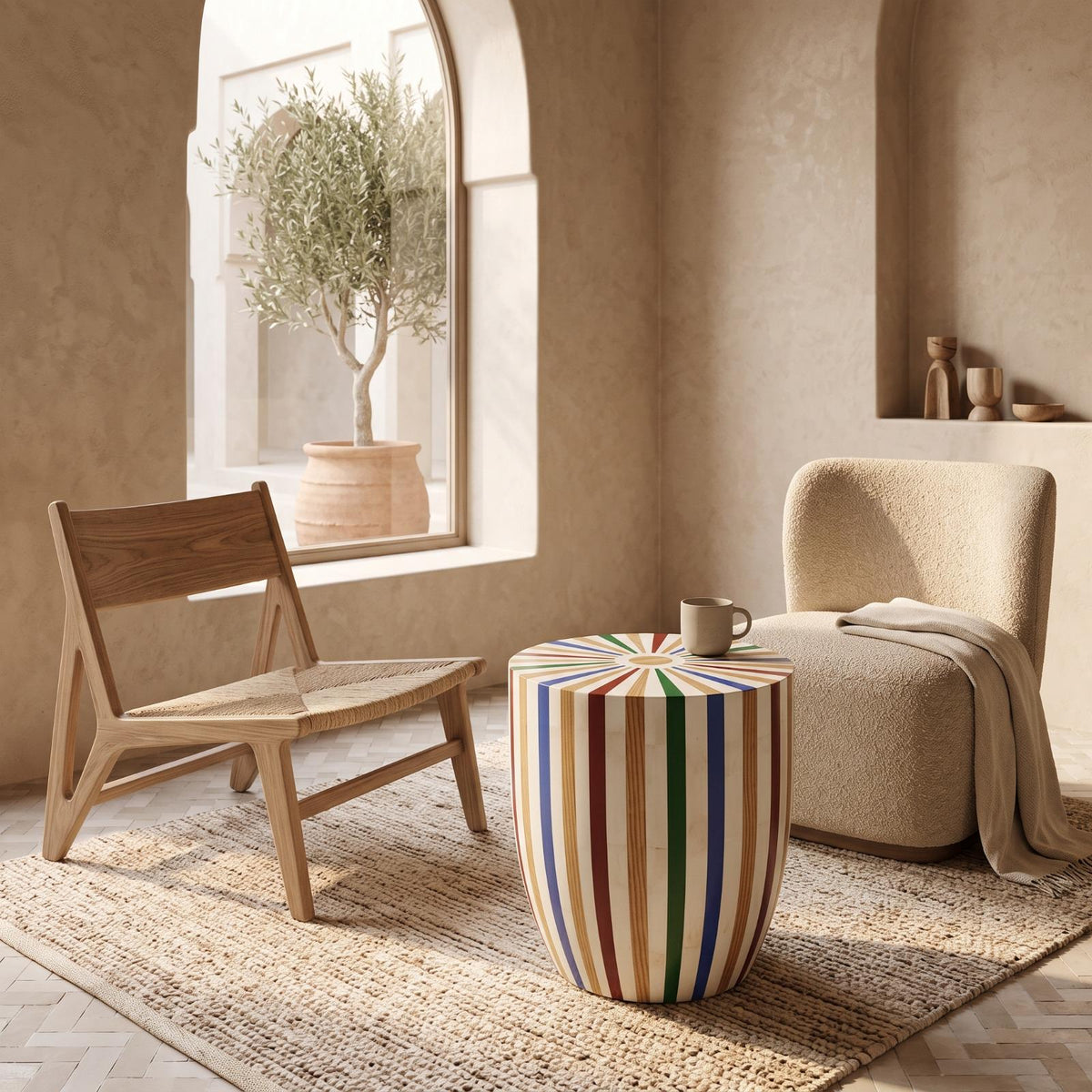 Colorful striped wooden drum table with a tea set beside a cream armchair