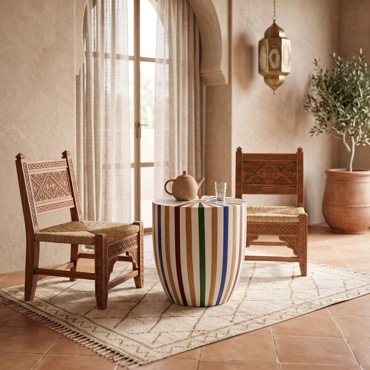 Multicolored striped drum side table with a vase between two woven-seat chairs
