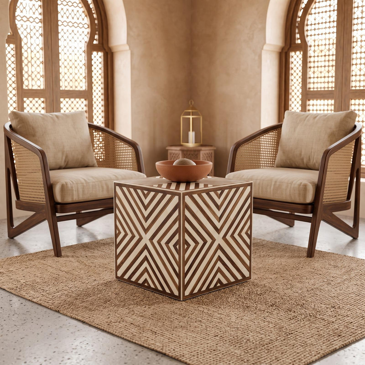 Brown and cream chevron-inlay cube side table with a tea set between armchairs