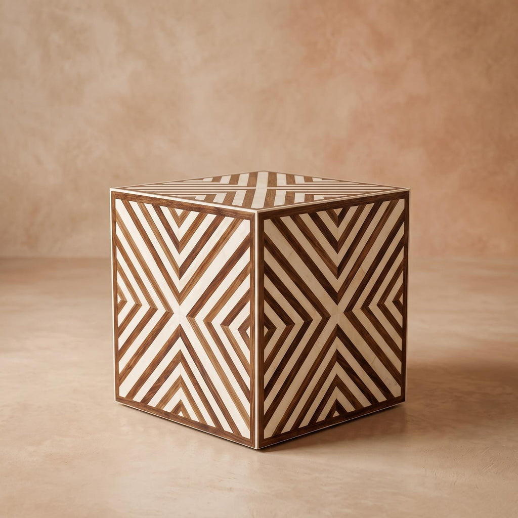 Wooden cube side table with contrasting brown and cream chevron inlay