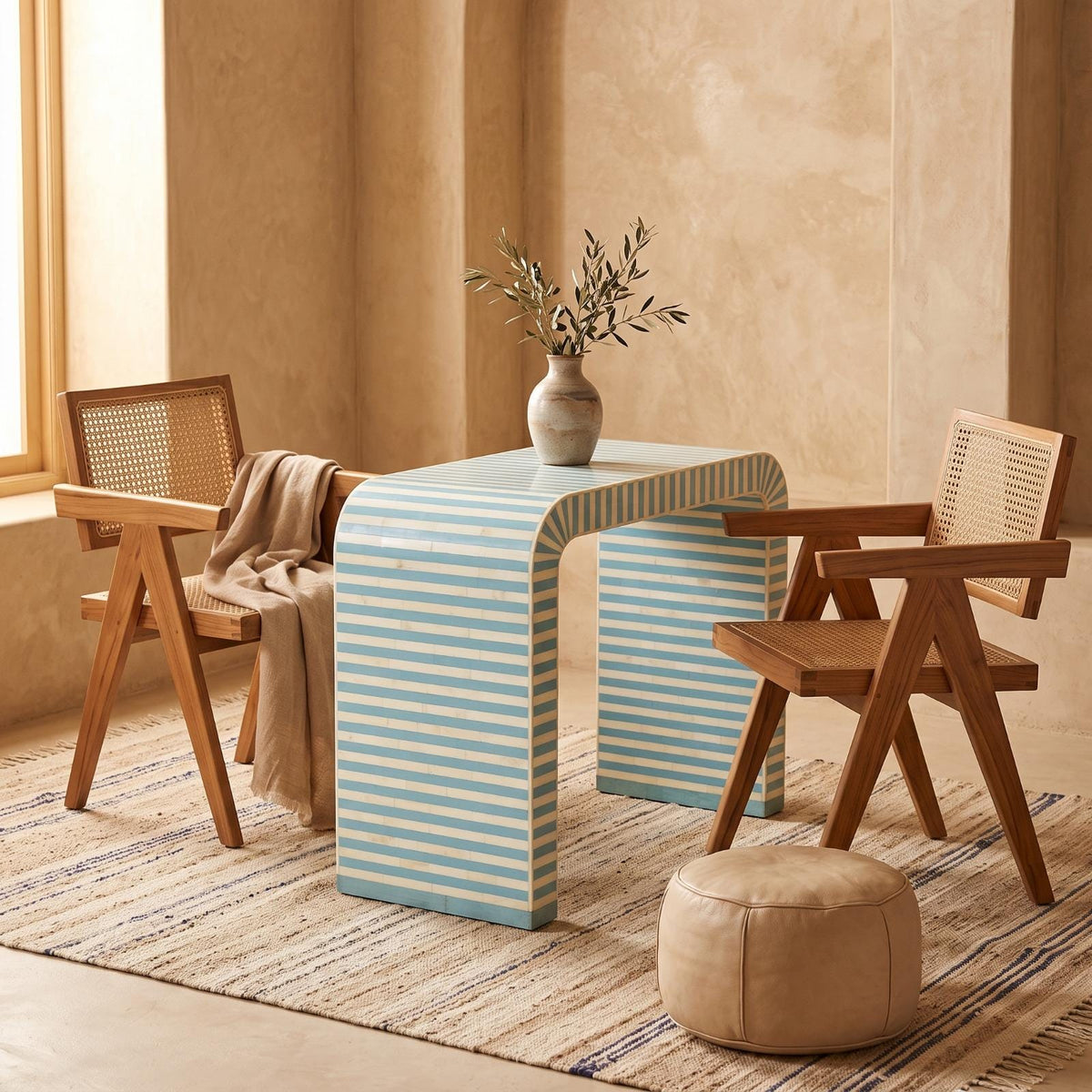 Turquoise striped arch side table topped with a vase in a wooden dining area