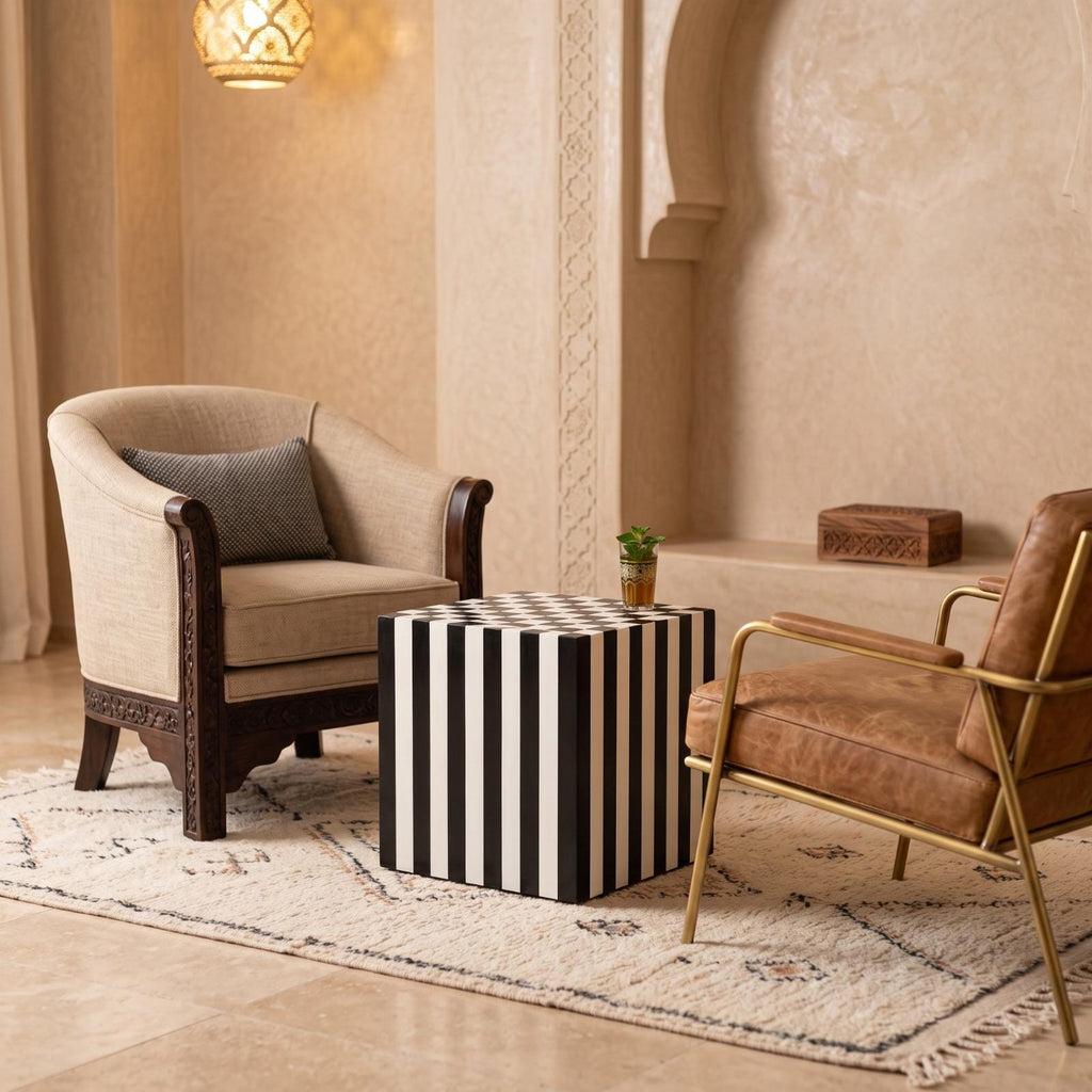 Black and white striped cube side table between lounge chairs in a warm beige room
