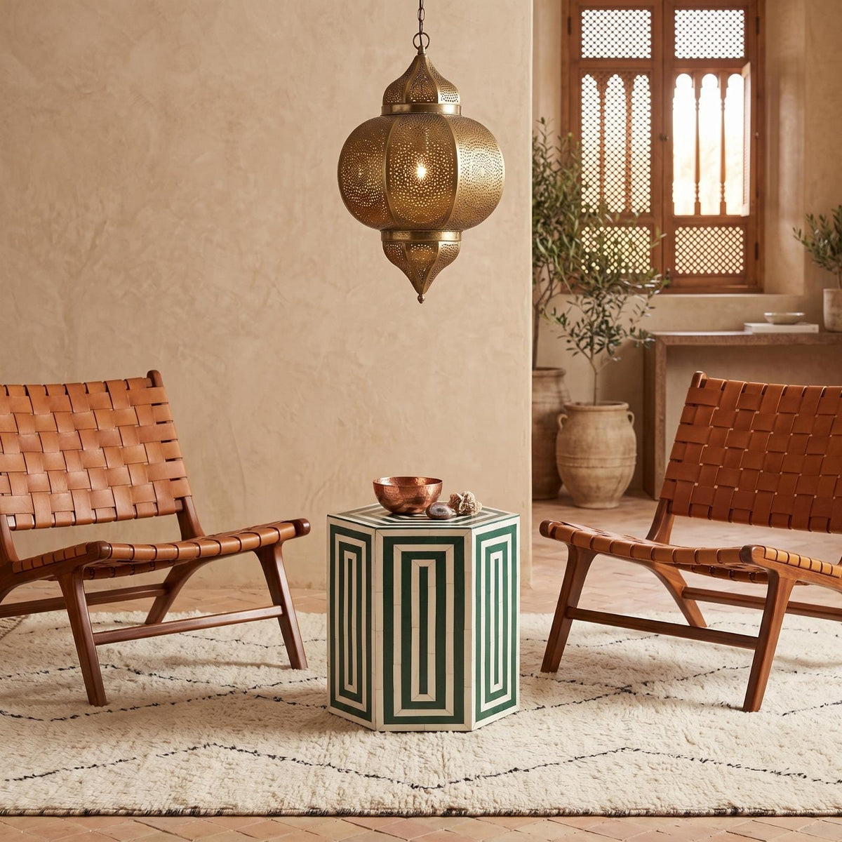 Green geometric hexagonal side table with a tea set between woven chairs beneath a brass pendant