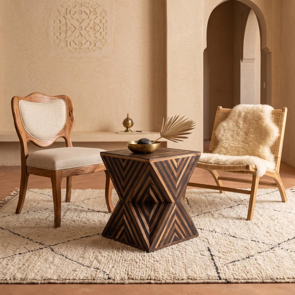 Dark wooden hourglass side table with geometric inlay between two upholstered chairs