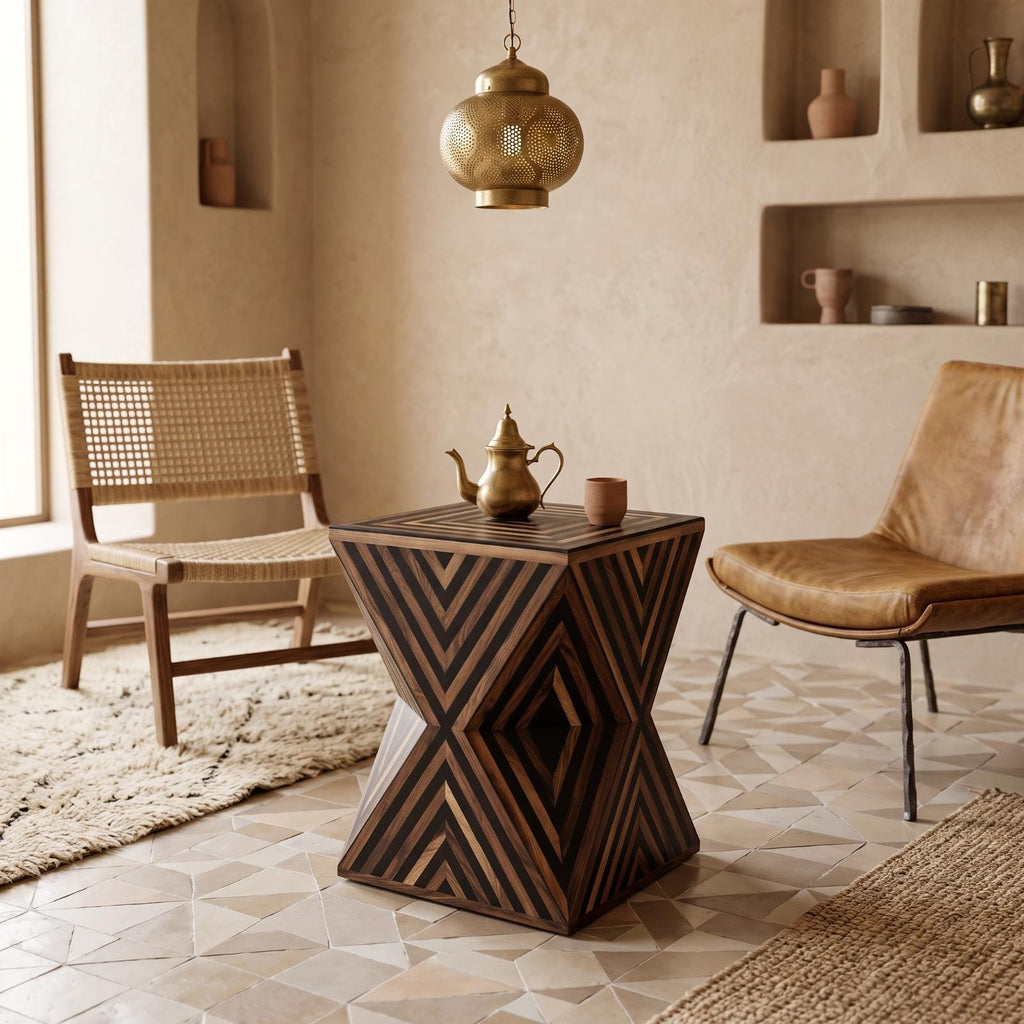 Geometric dark wooden hourglass table with a tea set between two cane chairs