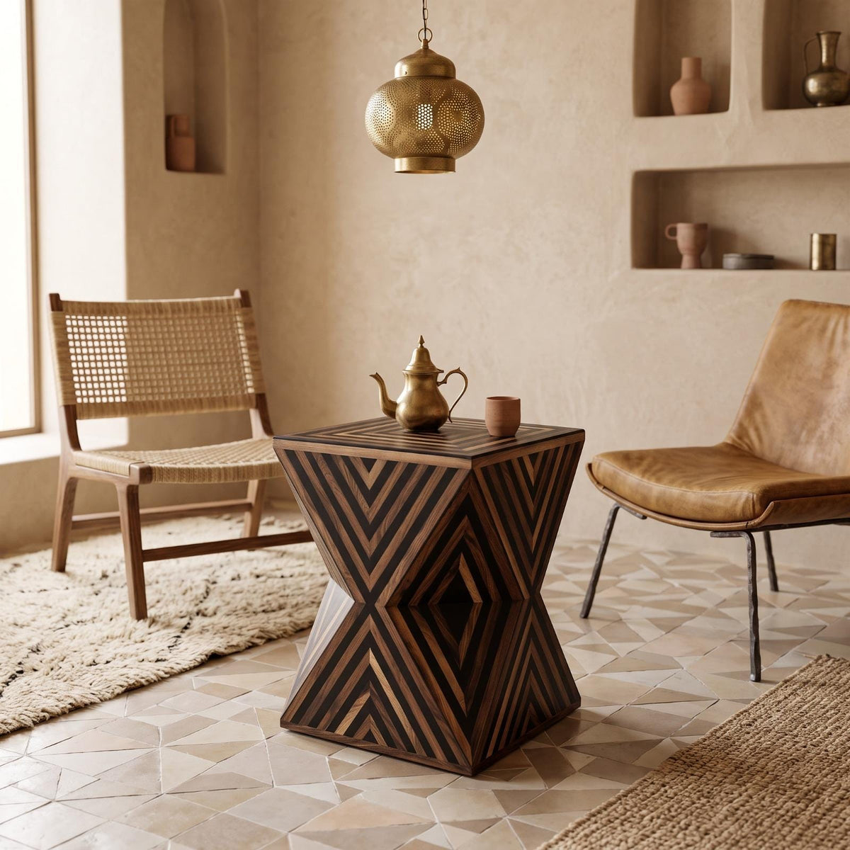 Geometric dark wooden hourglass table with a tea set between two cane chairs