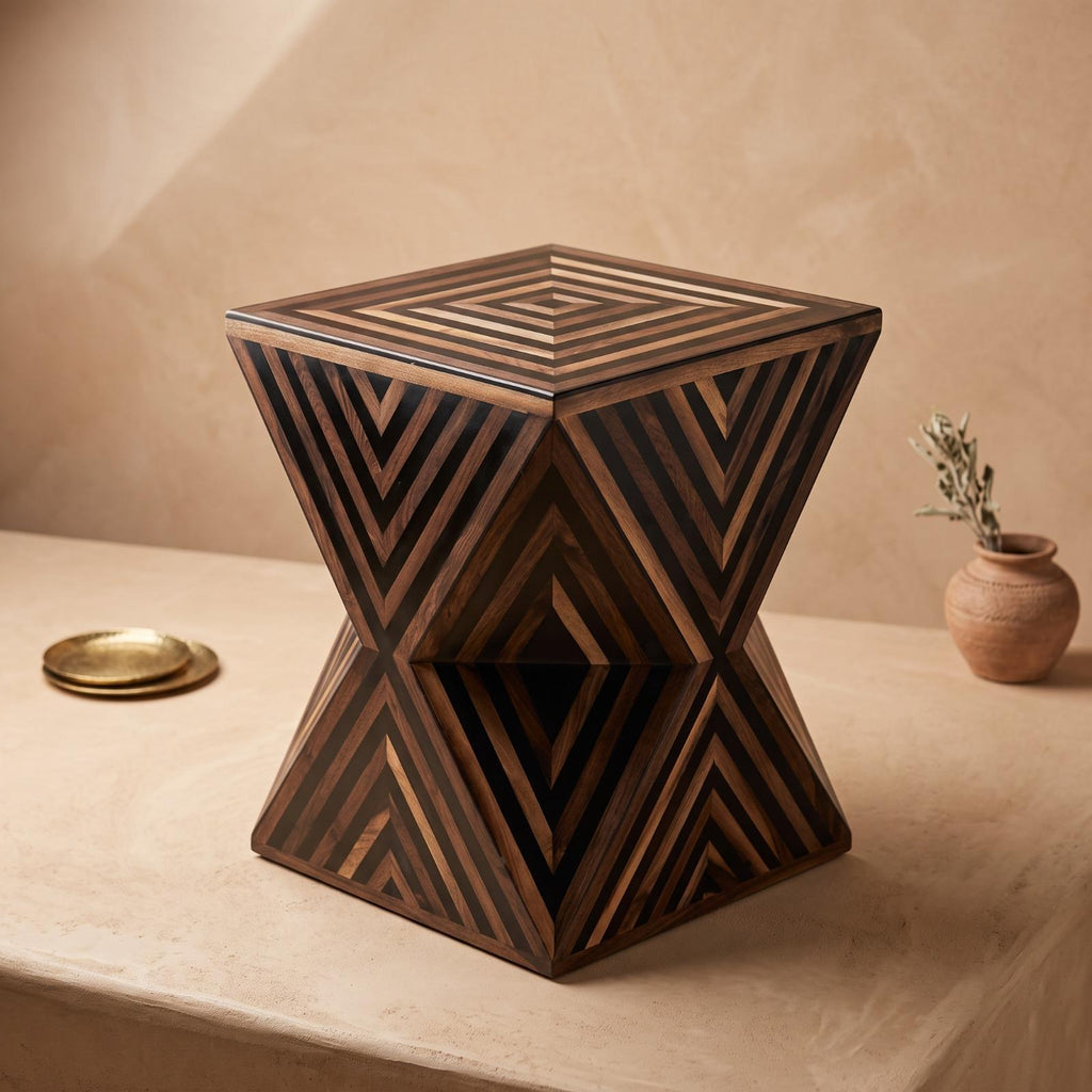 Dark wood hourglass side table with contrasting chevron inlay and a square striped top