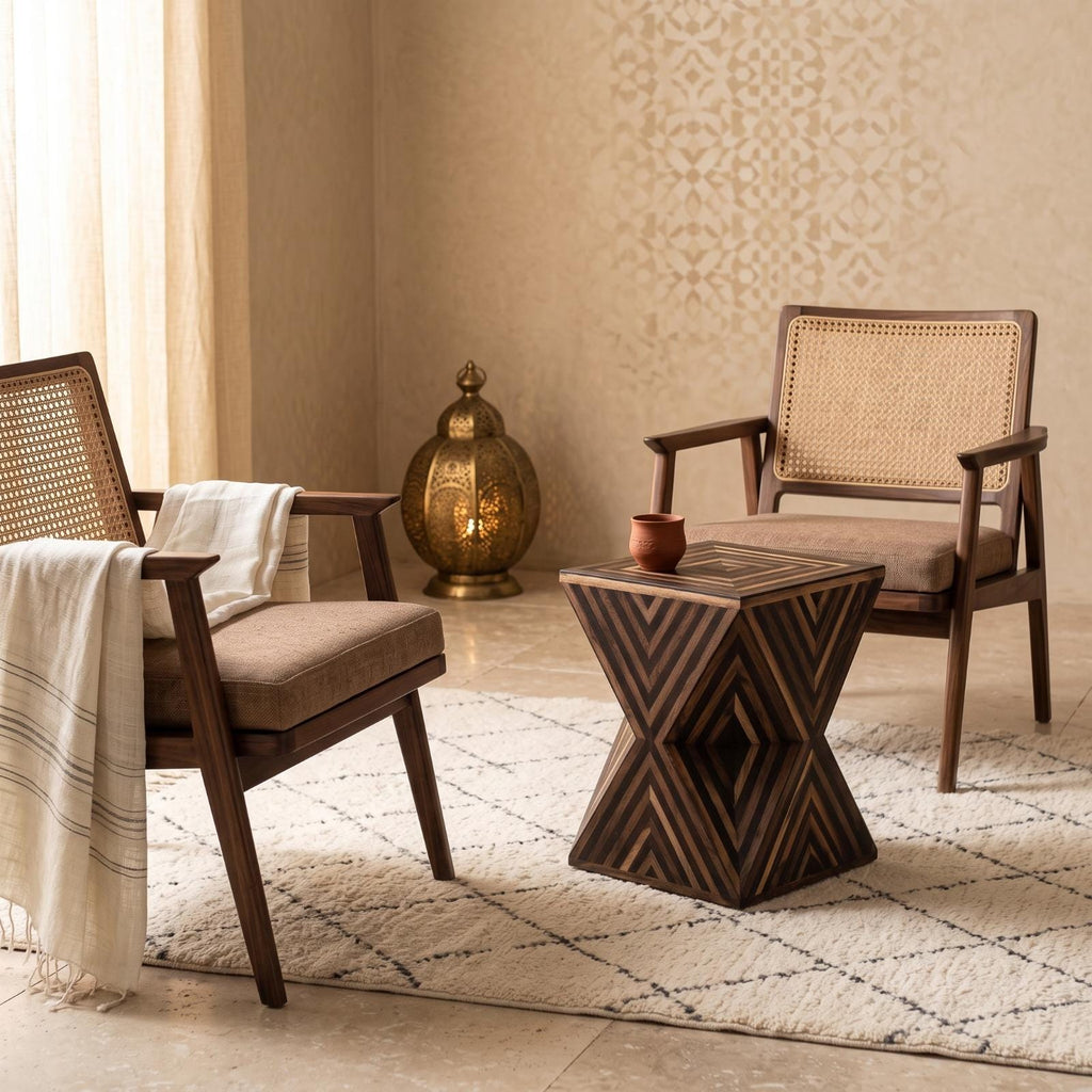 Chevron-inlaid dark wooden hourglass table with a small cup between two armchairs