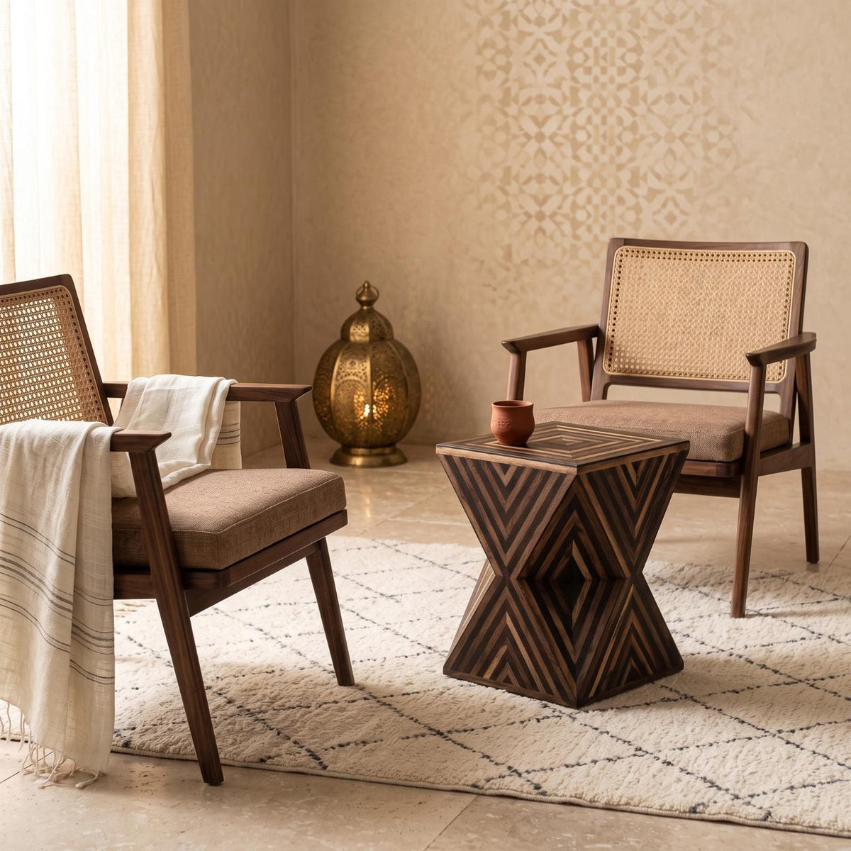 Chevron-inlaid dark wooden hourglass table with a small cup between two armchairs