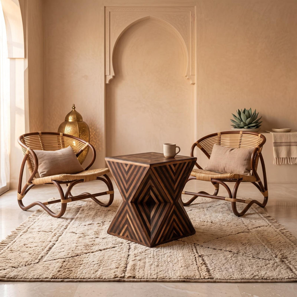 Dark chevron-inlaid hourglass table between curved wooden lounge chairs beneath an arched niche