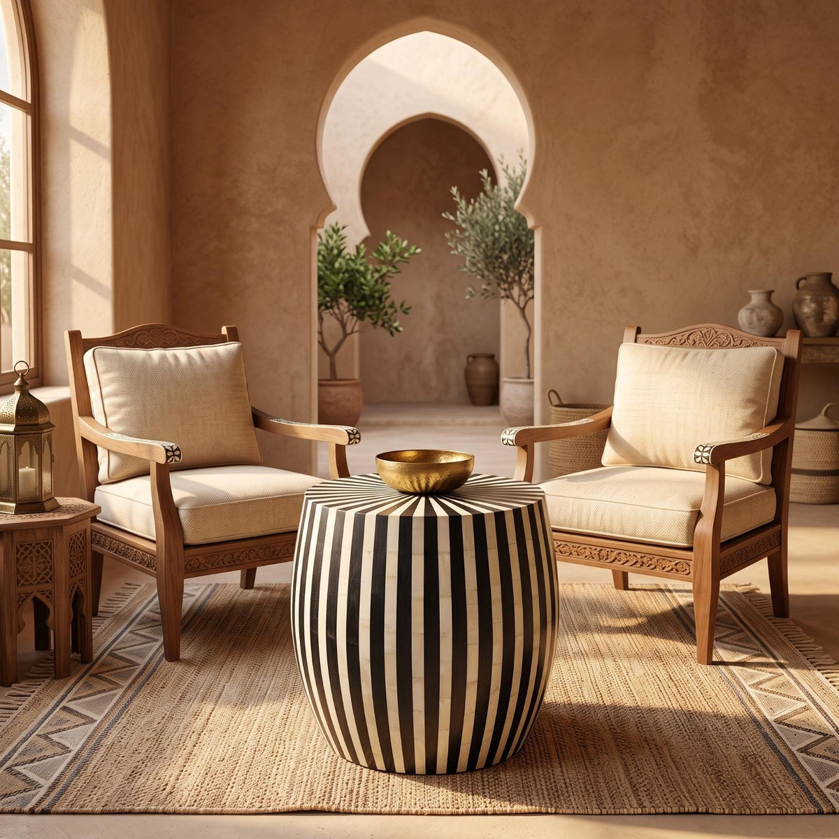 Handmade Wood Side Table – Black & White Striped Drum Design image 2