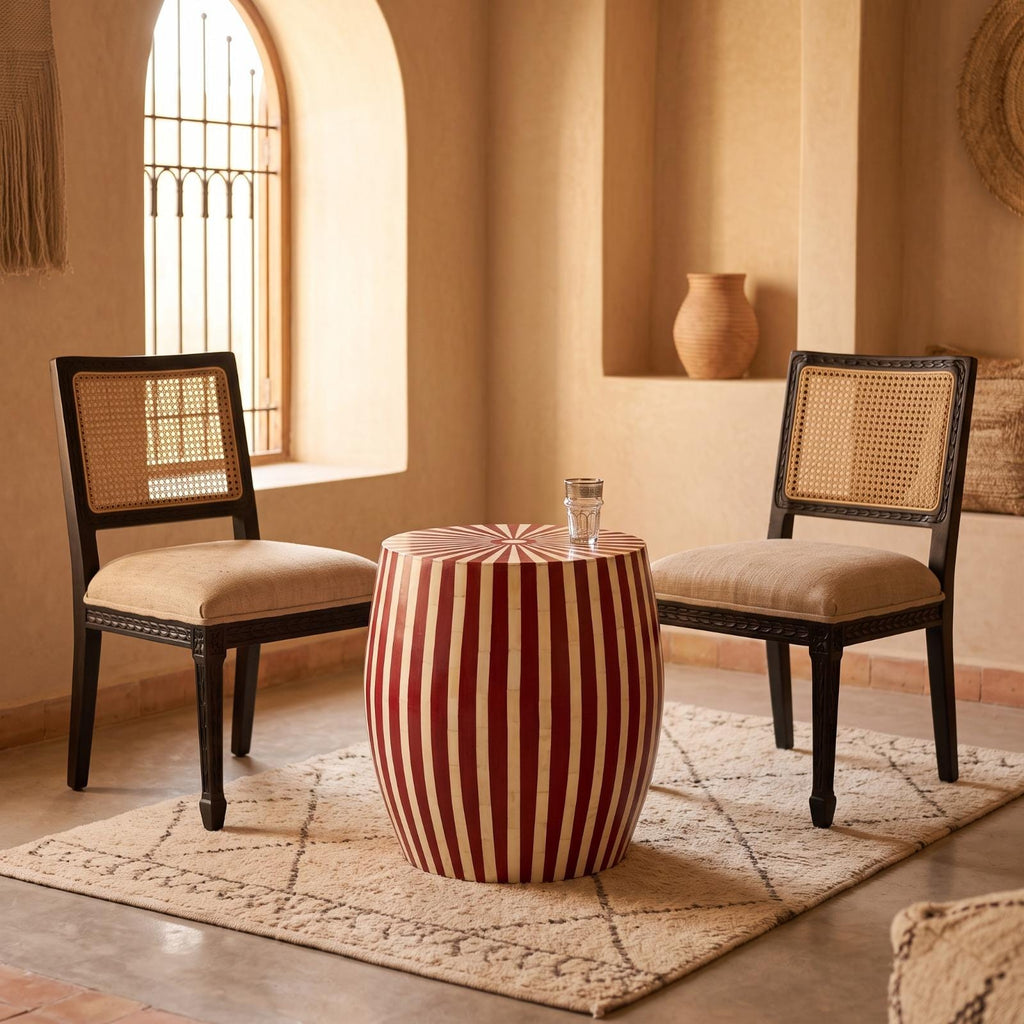 Red striped wooden drum table with a radial top between two cane-backed chairs