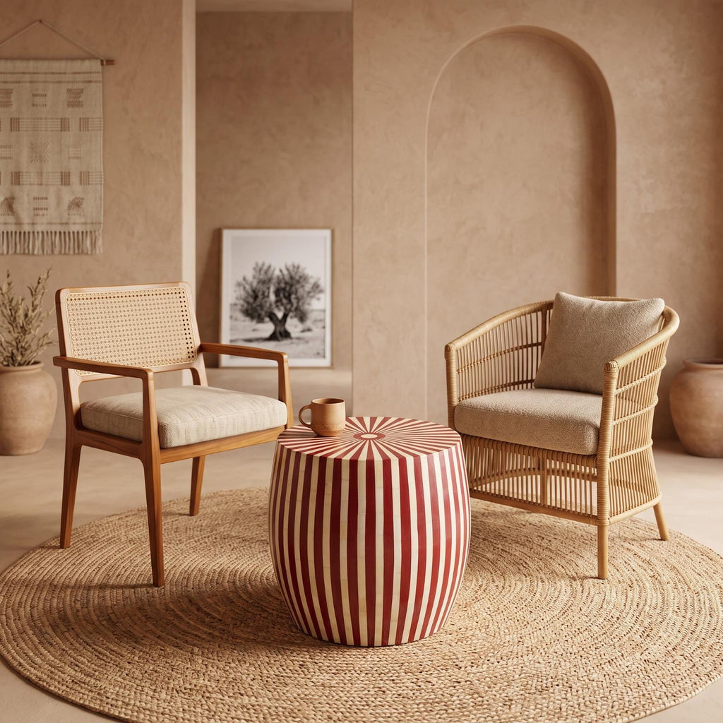 Red striped drum side table with a vase between two armchairs in a beige interior