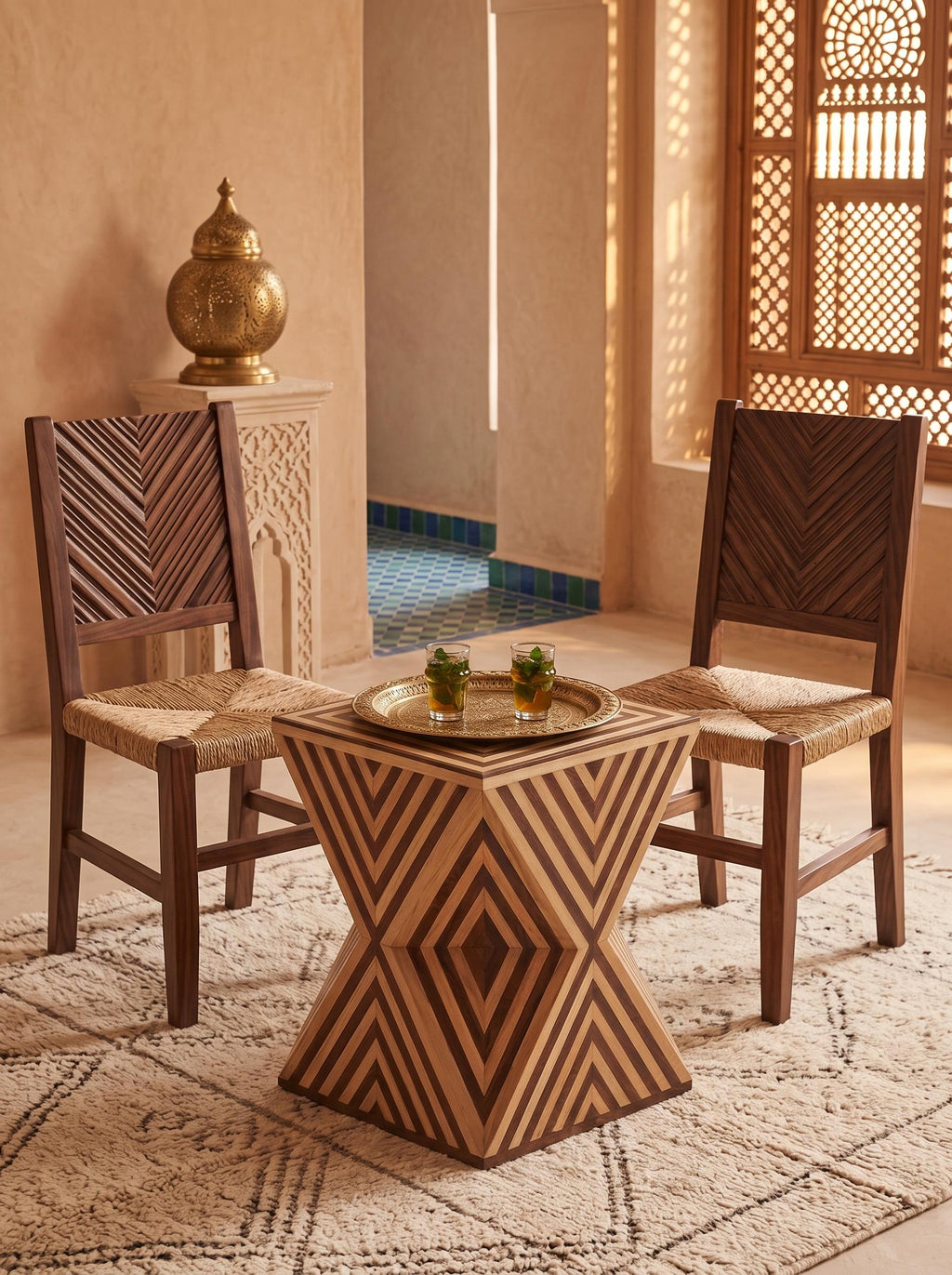 Geometric wooden hourglass side table between two woven-seat chairs, topped with a brass tea tray