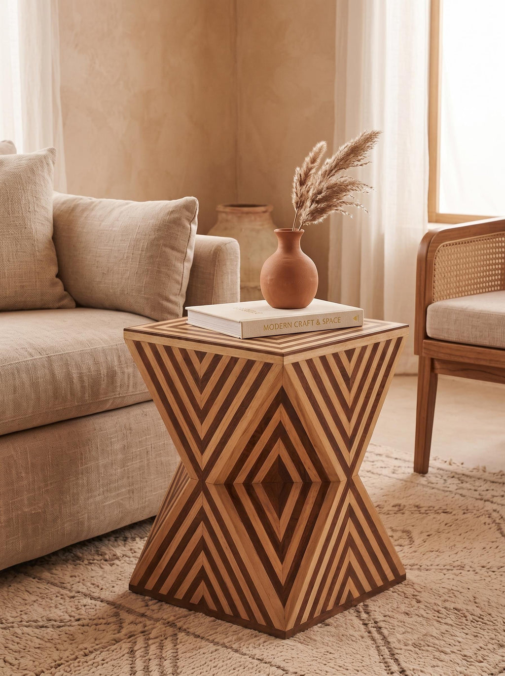 Wooden hourglass side table with chevron inlay beside a beige sofa, topped with a vase and book