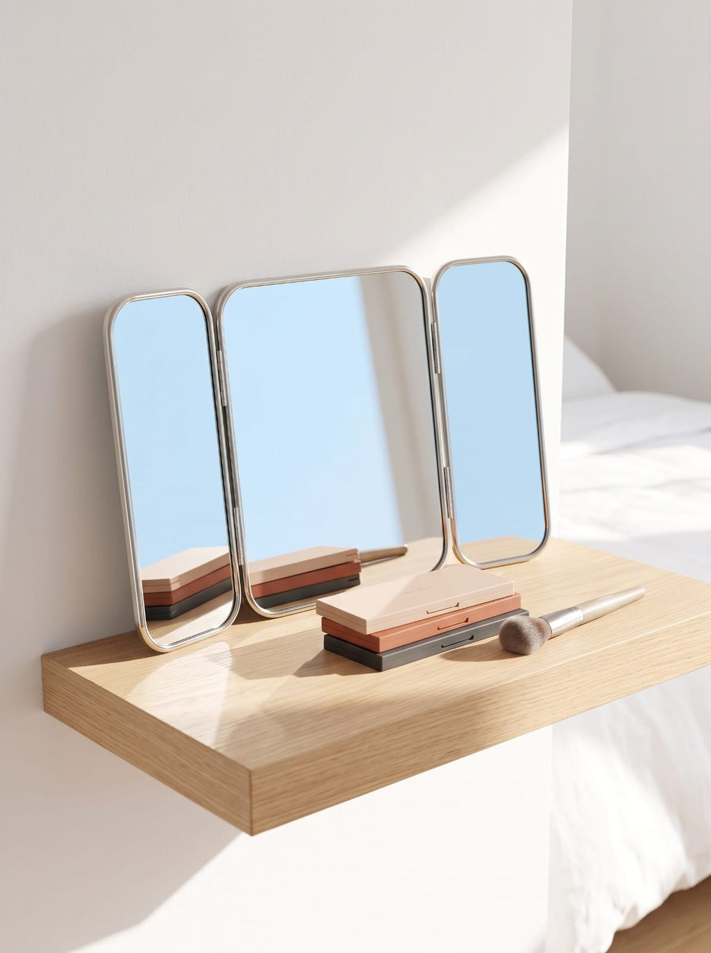 Moroccan brass triptych wall mirror 50 × 70 cm styled in a bedroom vanity setting