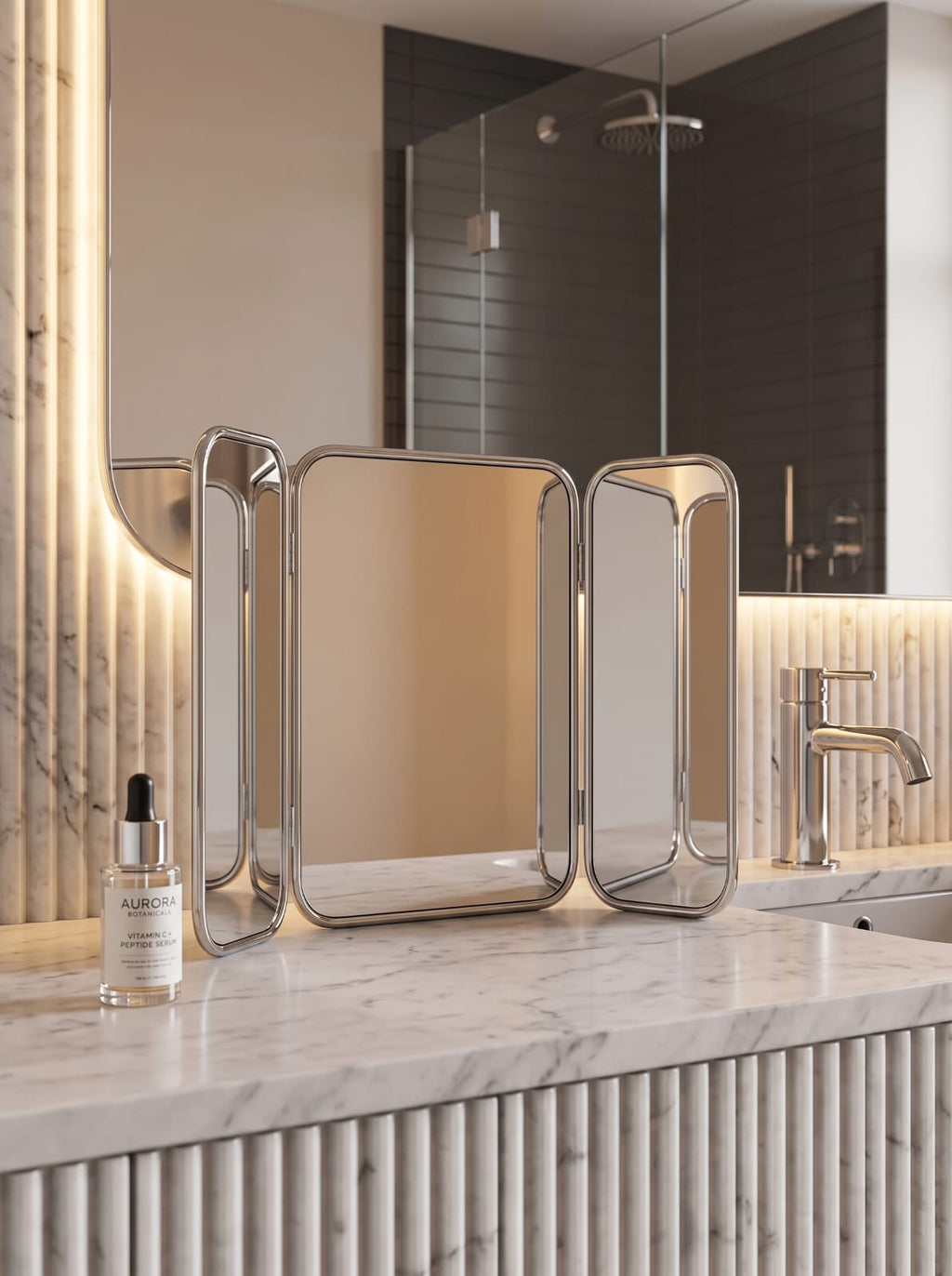 Moroccan brass triptych wall mirror 90 × 120 cm styled in a bathroom interior